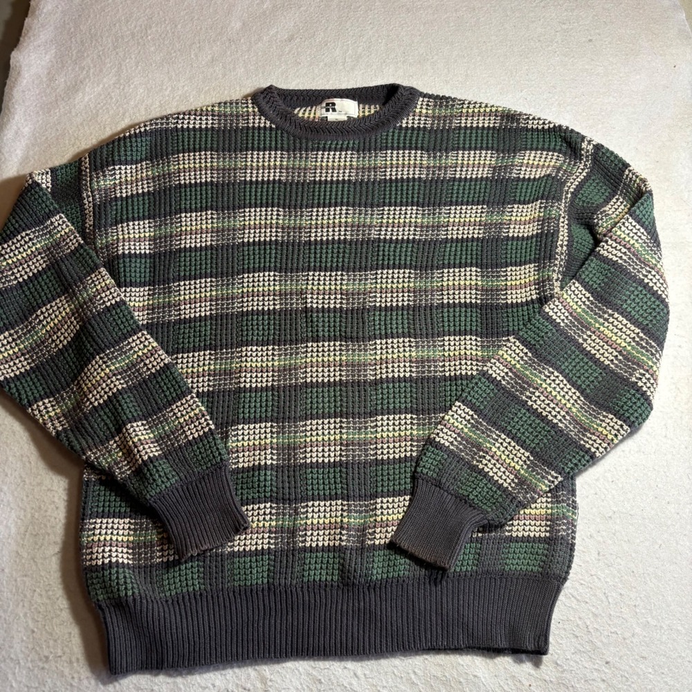 Vintage Reunion Mens XL Striped Textured Knit Cotton Sweater Green Grey USA‎